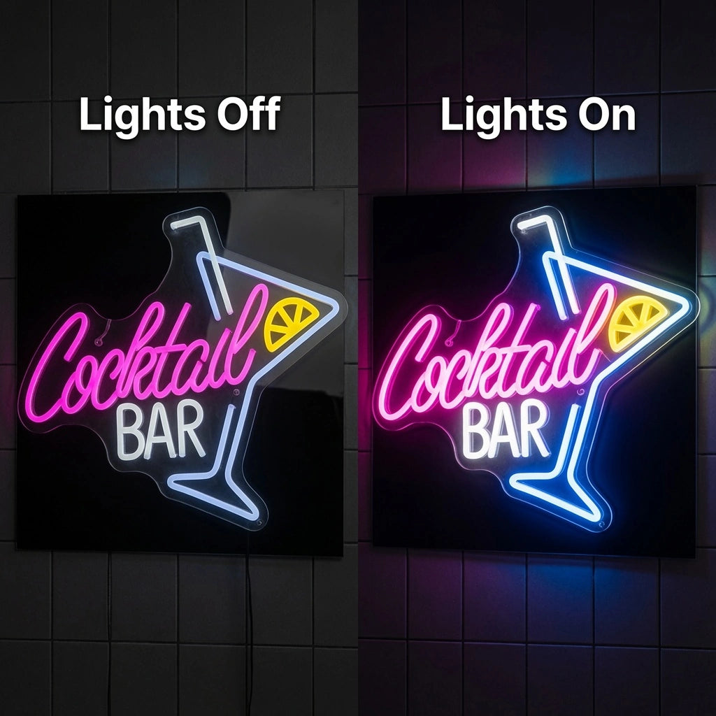 Cocktail Bar Business LED Neon Sign - 06 Day Night Comparison