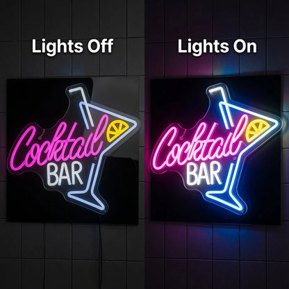 Cocktail Bar Business LED Neon Sign - 06 Day Night Comparison