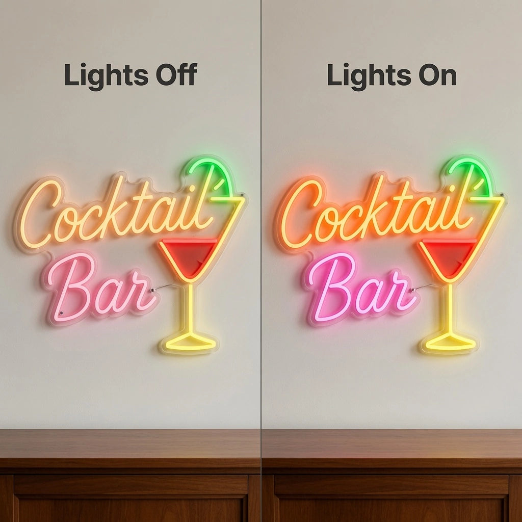 Cocktail Bar LED Neon Sign Living Room Decor - 06 Day Night Comparison