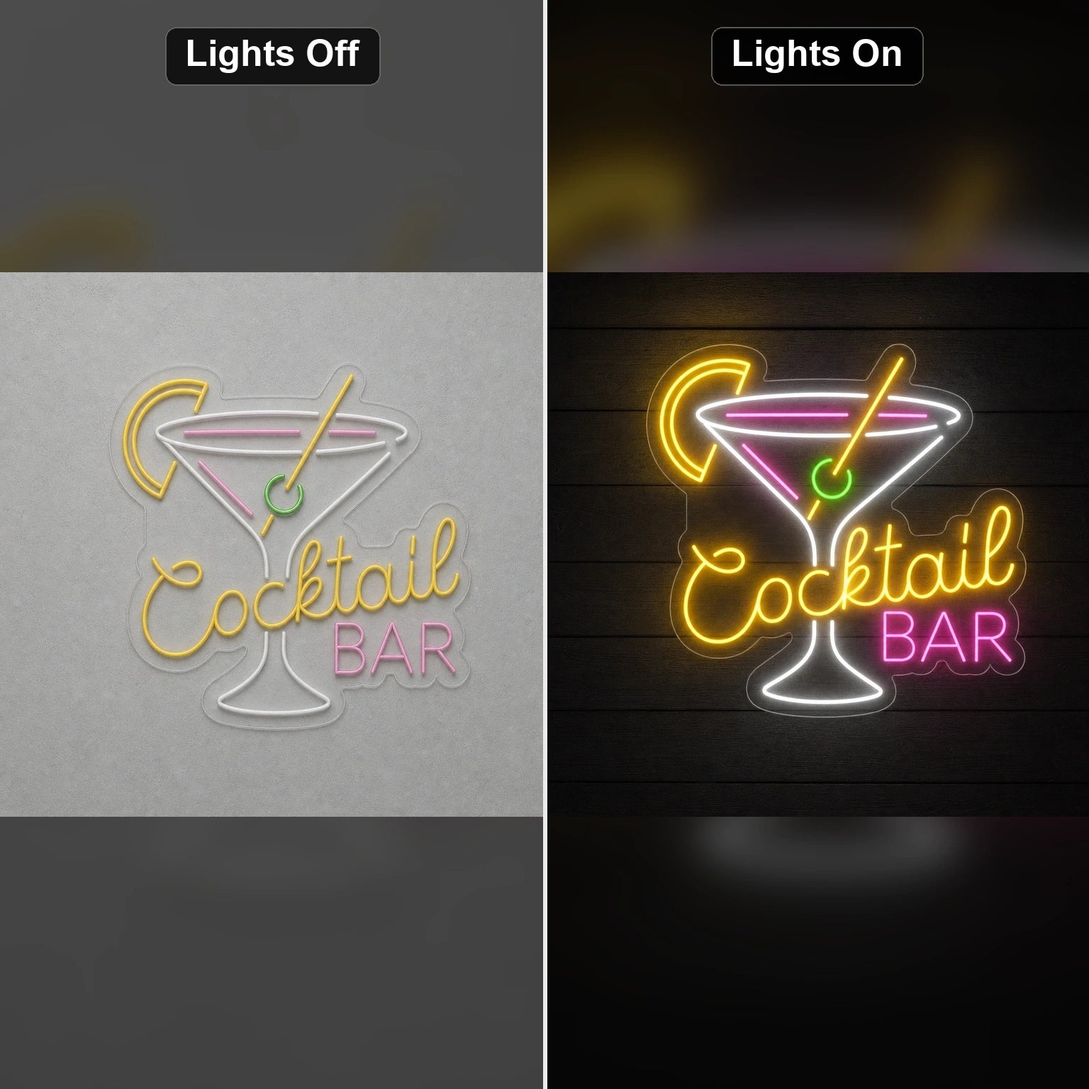 Cocktail Bar Martini LED Neon Sign Home Garage Wall Decoration day and night comparison