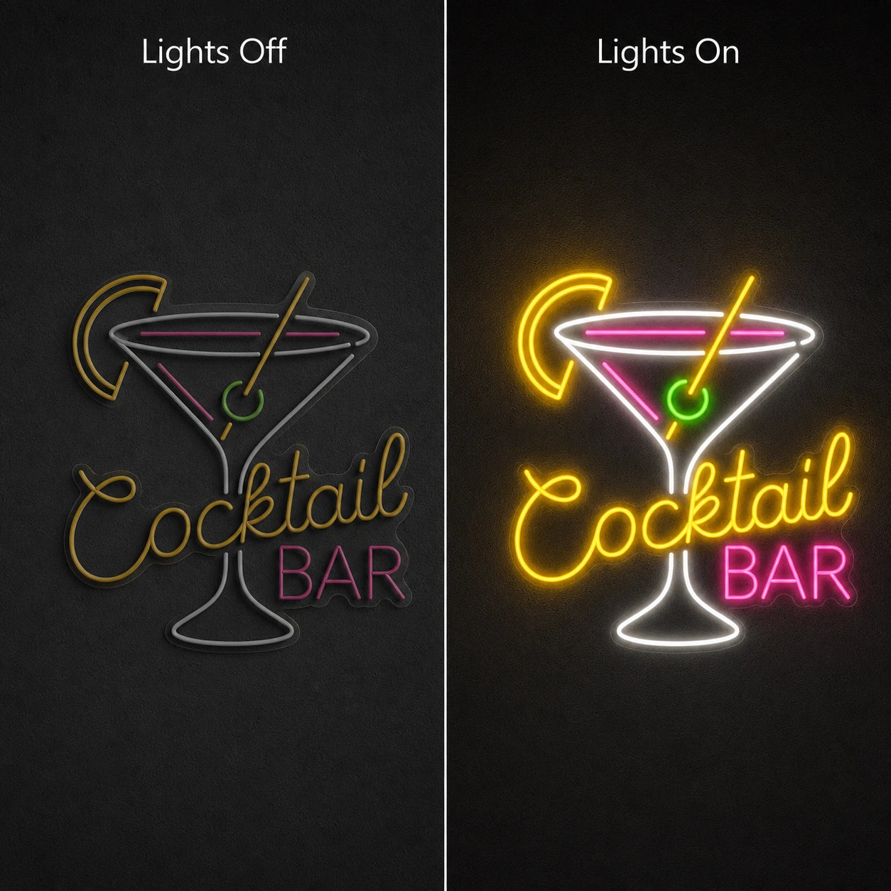 Cocktail Bar Martini LED Neon Sign Man Cave Neon Sign day and night comparison