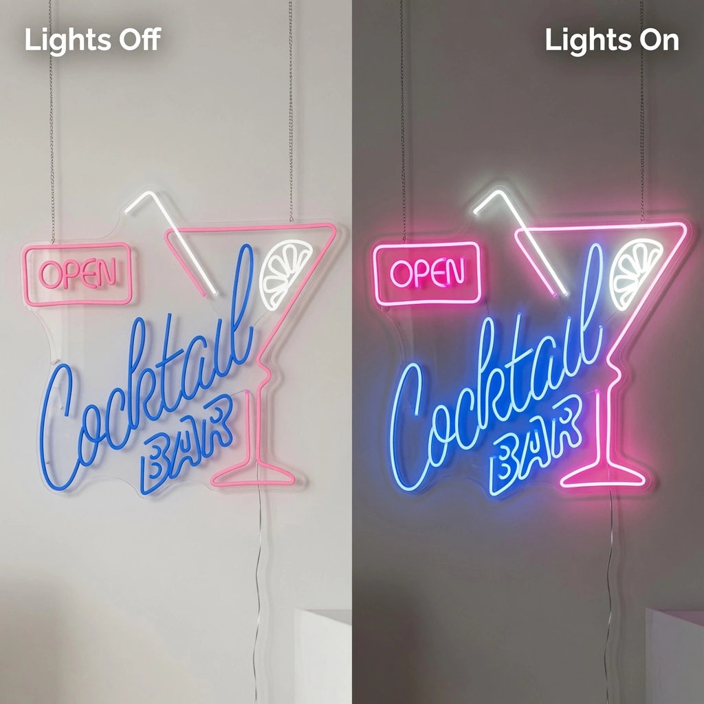 Cocktail Bar Shop Wall Decor LED Neon Sign - 06 Day Night Comparison