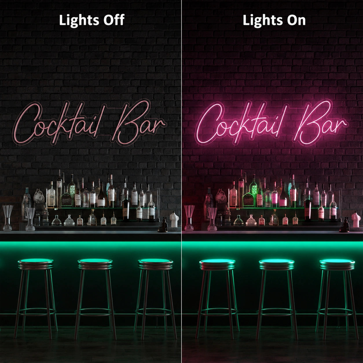 Cocktail Bar Wall LED Neon Sign - 06 Day Night Comparison