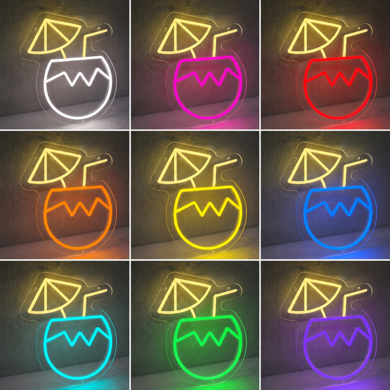 Cocktail LED Neon Sign Pink Yellow Tropical Drink Neon Light Wall Decor color grid