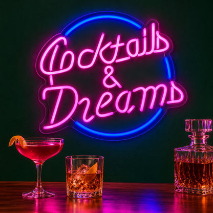 Cocktails & Dreams Circle LED Neon Sign - advertising view