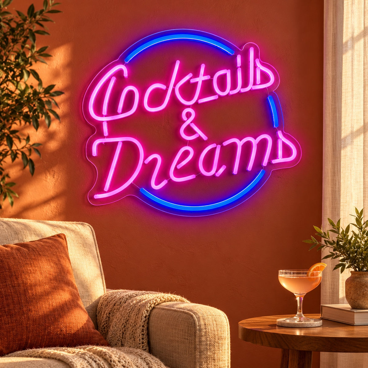 Cocktails & Dreams Circle LED Neon Sign - lifestyle view