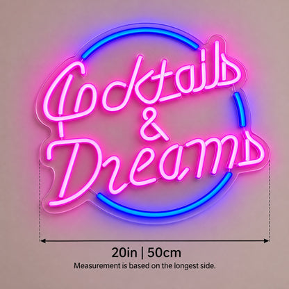 Cocktails & Dreams Circle LED Neon Sign - size guide