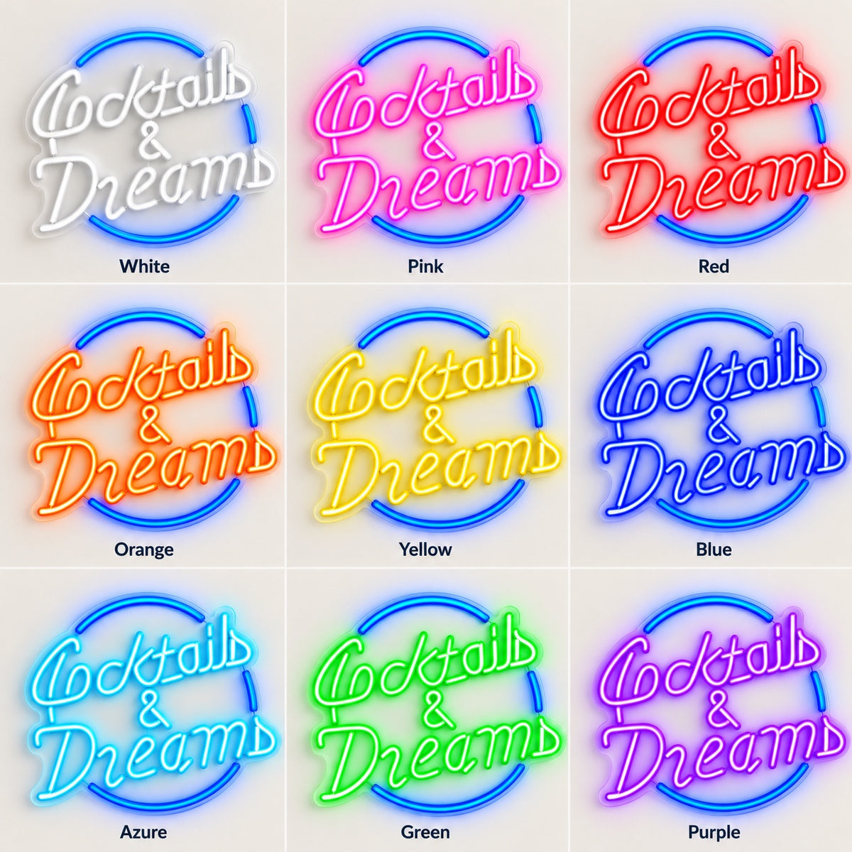 Cocktails & Dreams Circle LED Neon Sign - nine-color grid