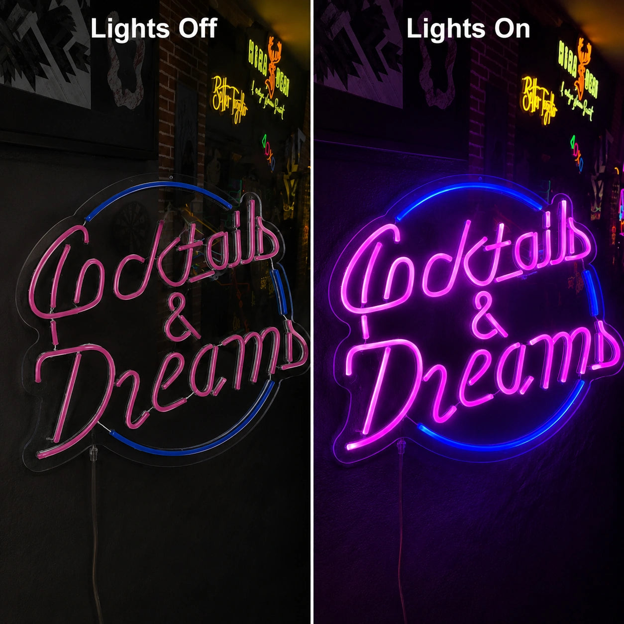 Cocktails And Dreams Neon Sign Wall Art LED Neon Sign day and night comparison