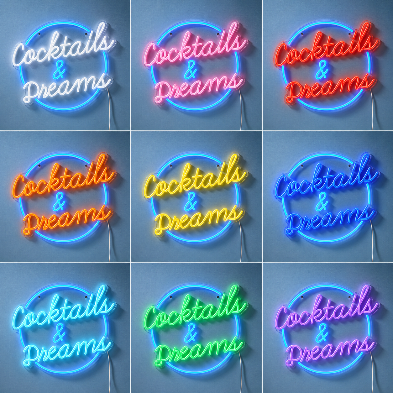 Cocktails And Dreams On The Side Of A Blue Wall LED Neon Sign color grid