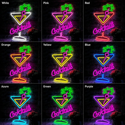 Cocktails Martini Glass Palm Tree LED Neon Sign day and night comparison
