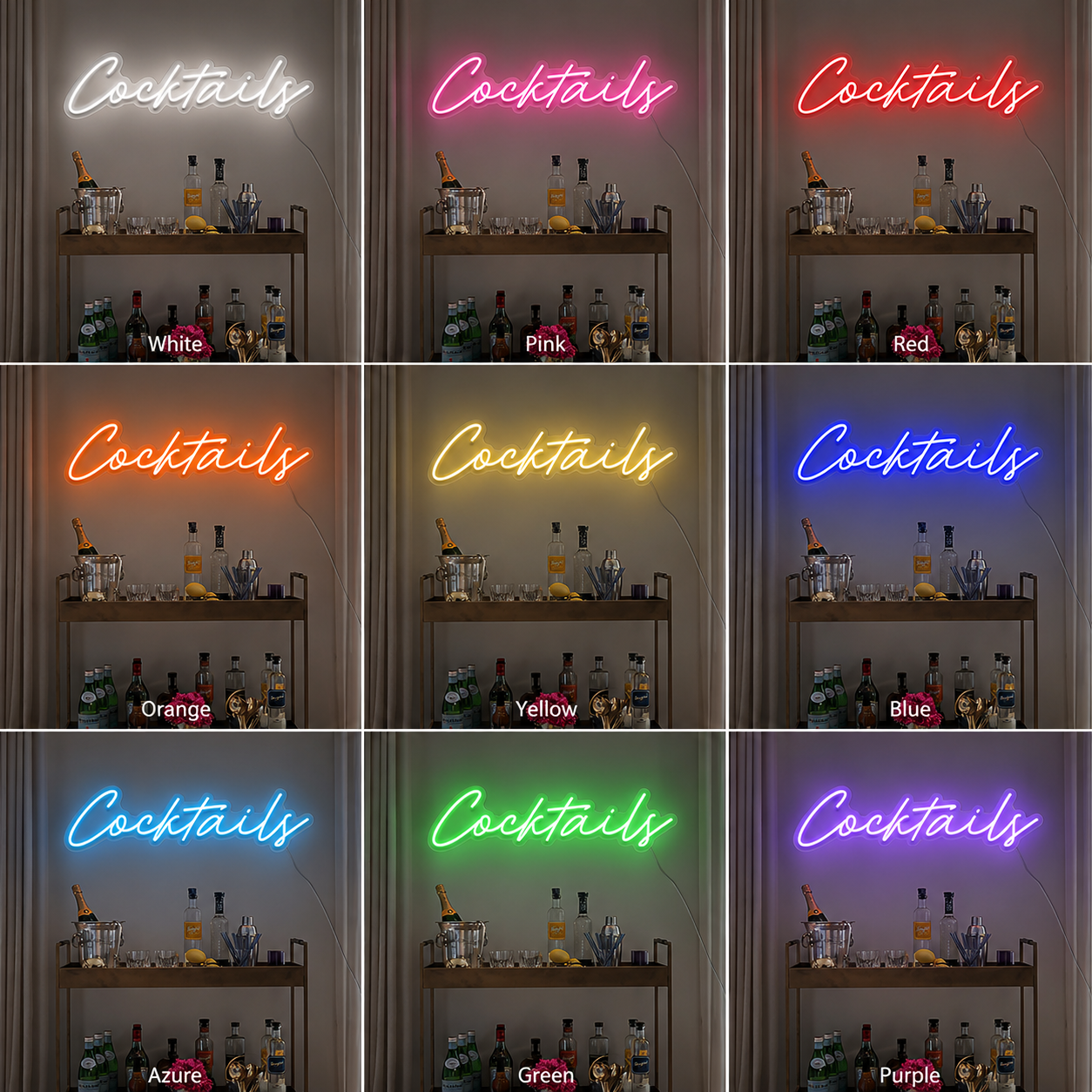 Cocktails Neon Sign Bar Cart Decor Party Decorations LED Neon Light Neon LED Neon Sign color grid