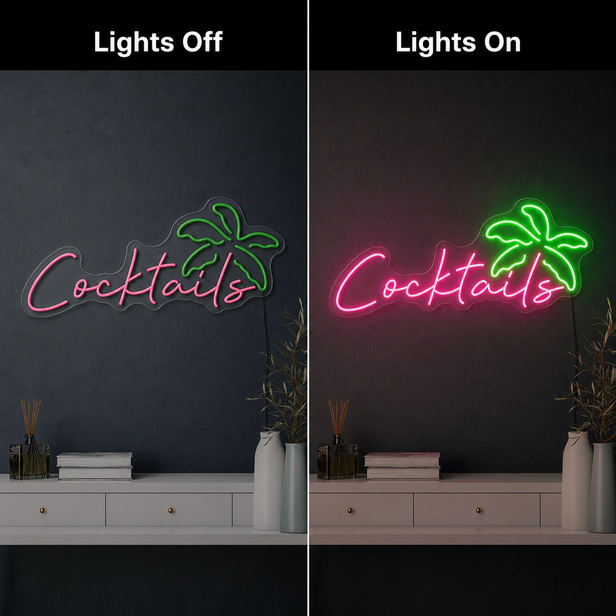 Cocktails Neon Sign Wall Art LED Neon Sign day and night comparison