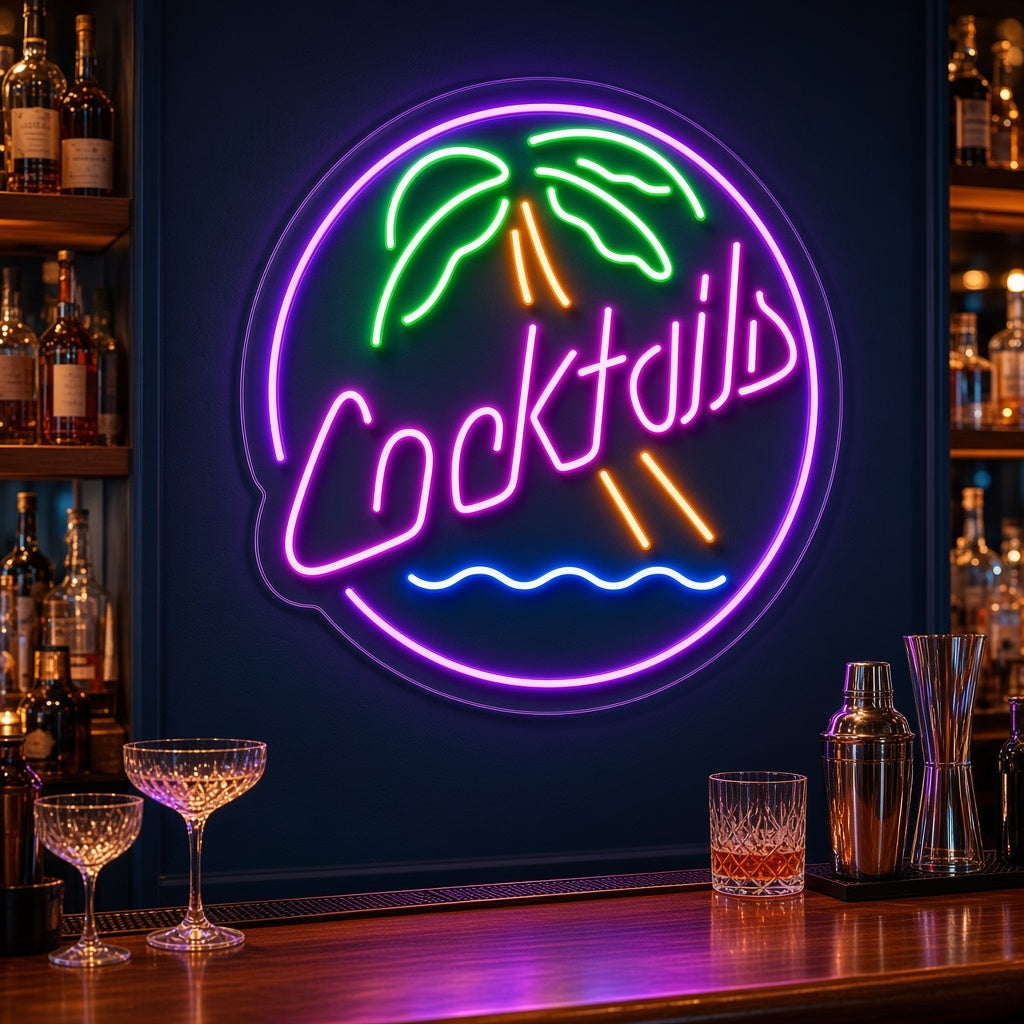 Cocktails Palm Tree LED Neon Sign - advertising view