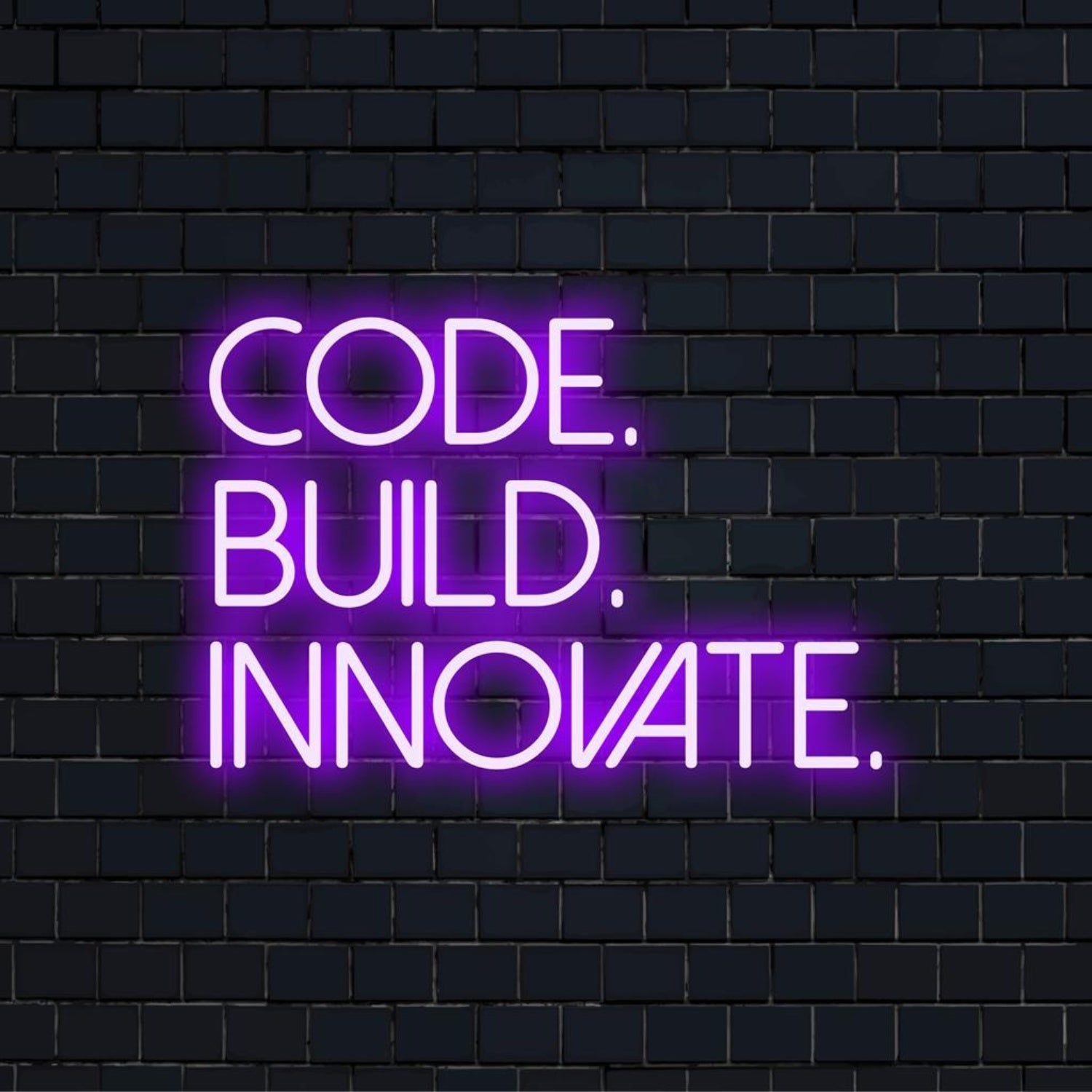 Code Build Innovate Led Neon Sign With Glowing Purple Halo For Studio Decor | Shineneon
