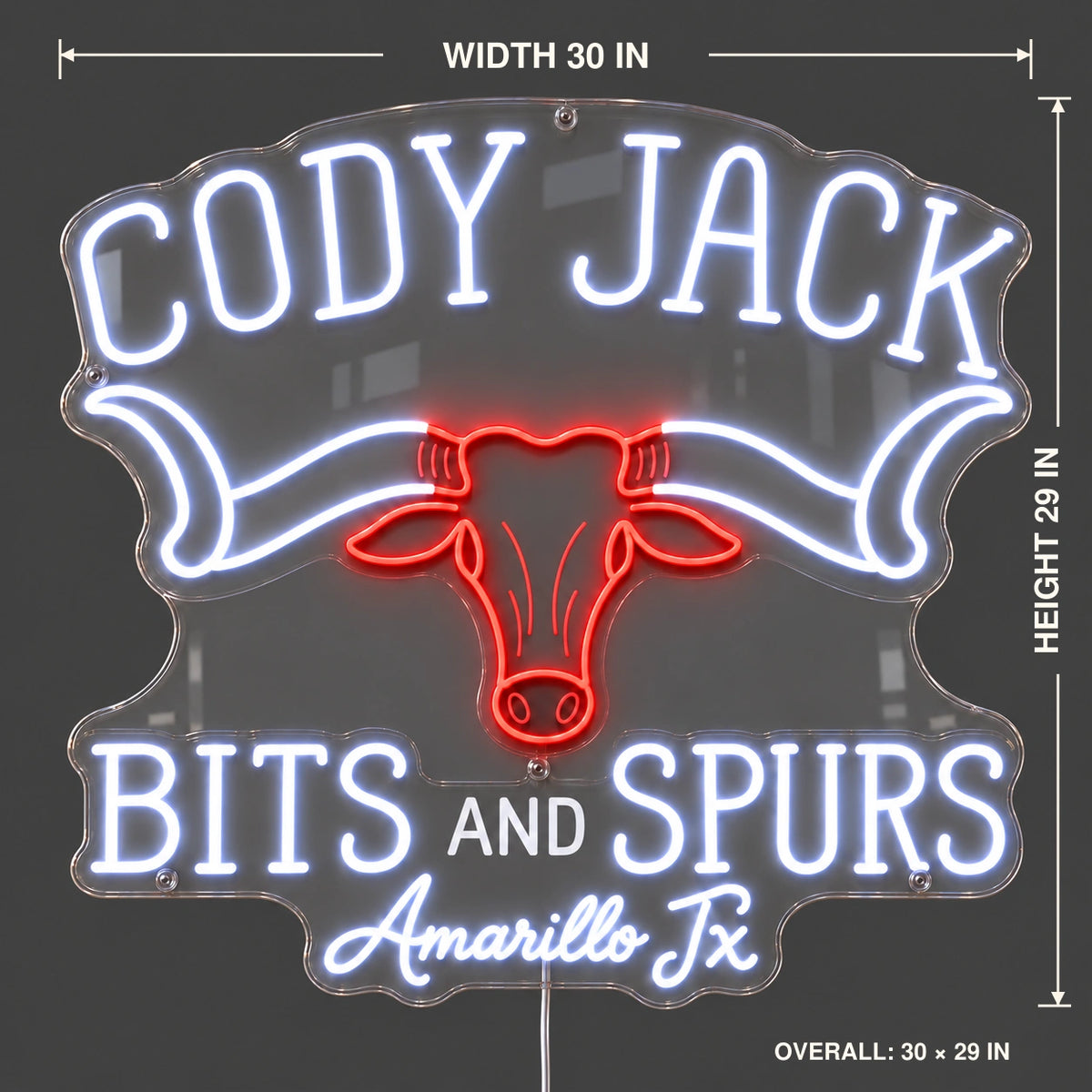 Cody Jack Bits And Spurs Custom LED Neon Sign | 21fa8a456605019d3522e9cd7df183e15557d2e56f771e8b392075188cd17246 | dimensions