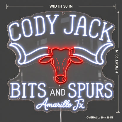 Cody Jack Bits And Spurs Custom LED Neon Sign | 21fa8a456605019d3522e9cd7df183e15557d2e56f771e8b392075188cd17246 | dimensions