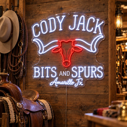 Cody Jack Bits And Spurs Custom LED Neon Sign | b9408dd1fa6ed391660a7039a78153817cac9d3fd3367068a75a703e458f3b82 | effect
