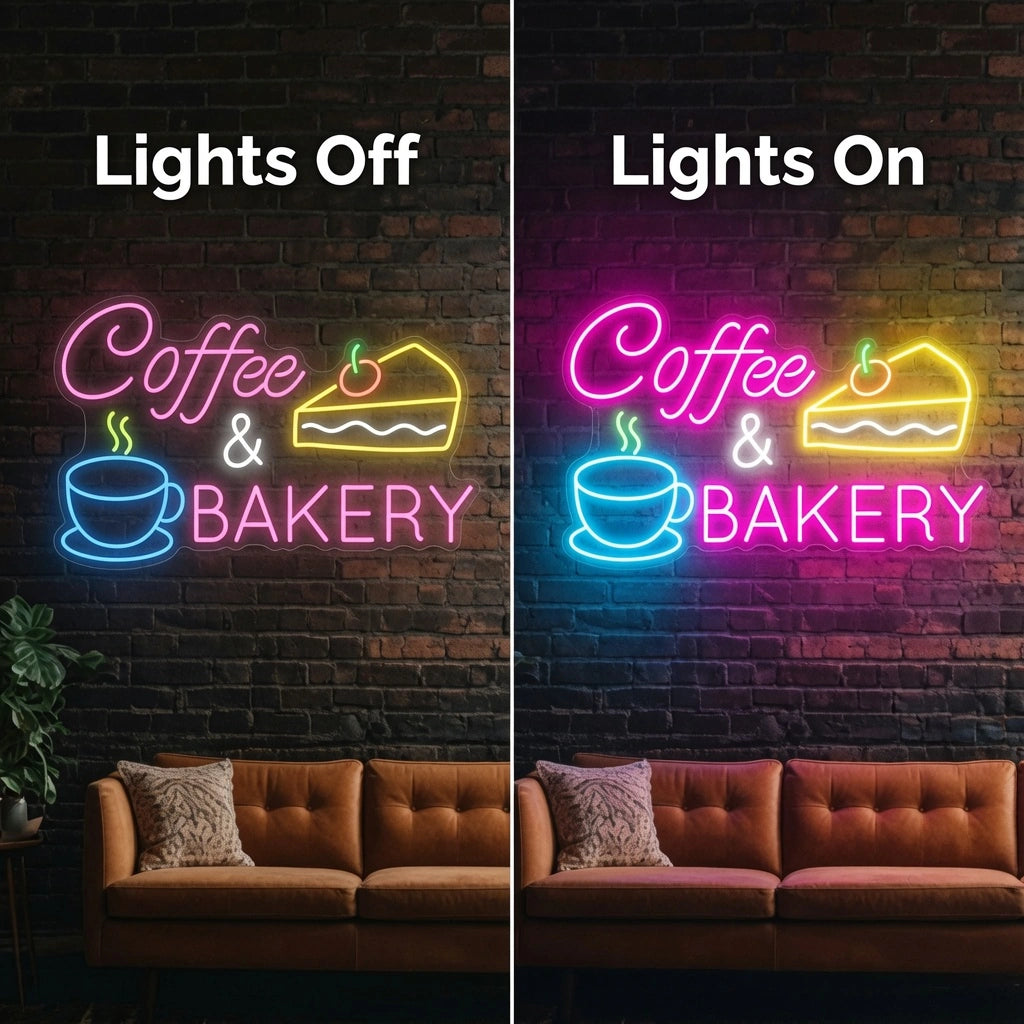 Coffee And Bakery Wall Decor LED Neon Sign - 06 Day Night Comparison