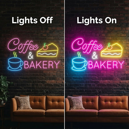 Coffee And Bakery Wall Decor LED Neon Sign - 06 Day Night Comparison