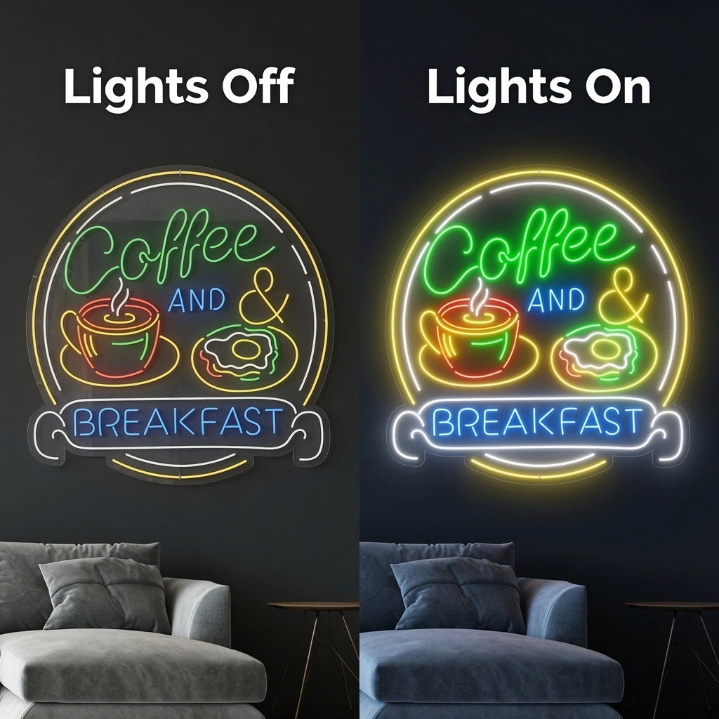 Coffee And Breakfast Wall Decor LED Neon Sign - 06 Day Night Comparison
