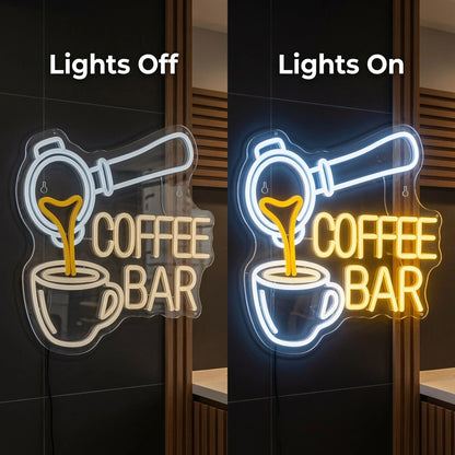 Coffee Bar Room Decor LED Neon Sign - 06 Day Night Comparison