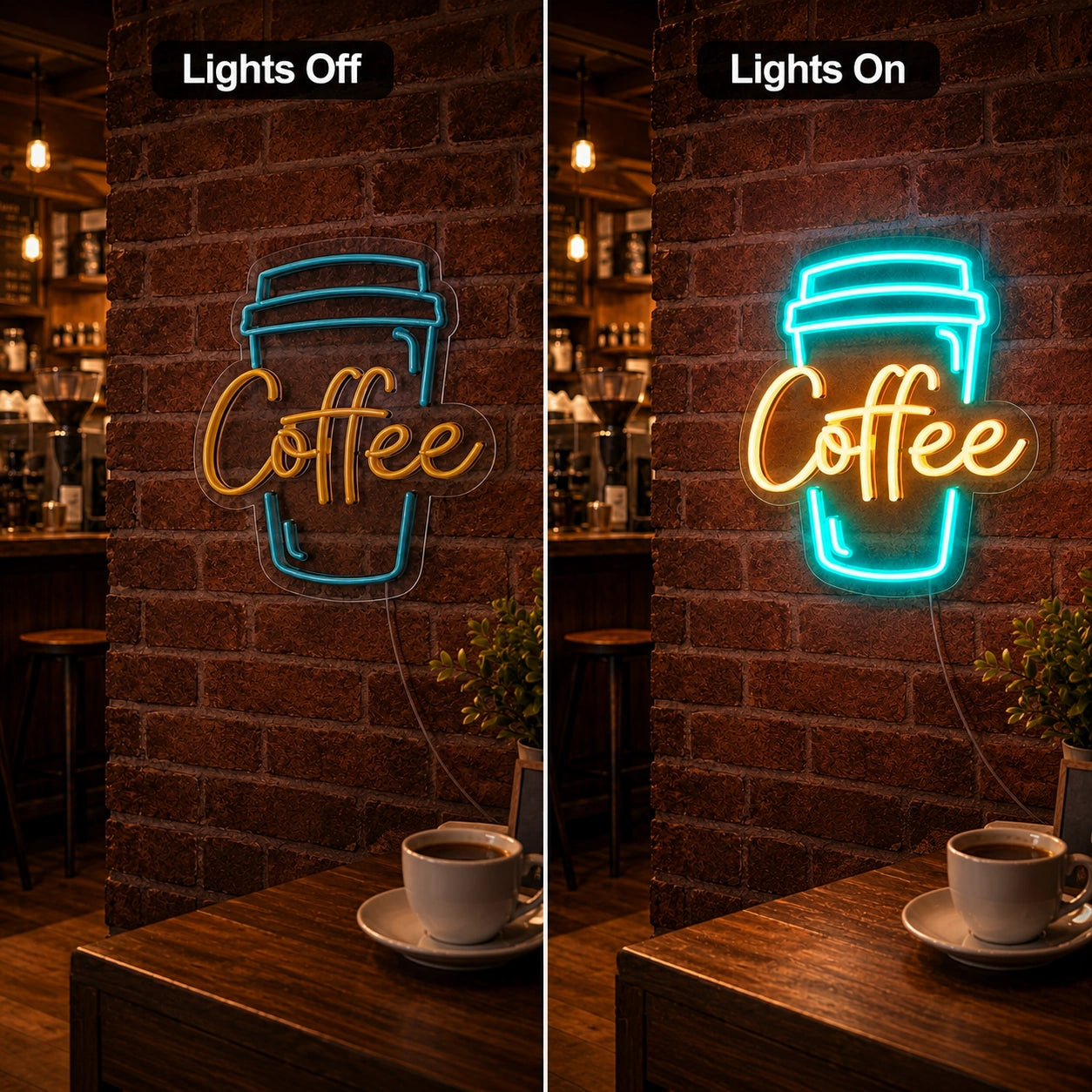 Coffee Brick Wall LED Neon Sign - 06 Day Night Comparison