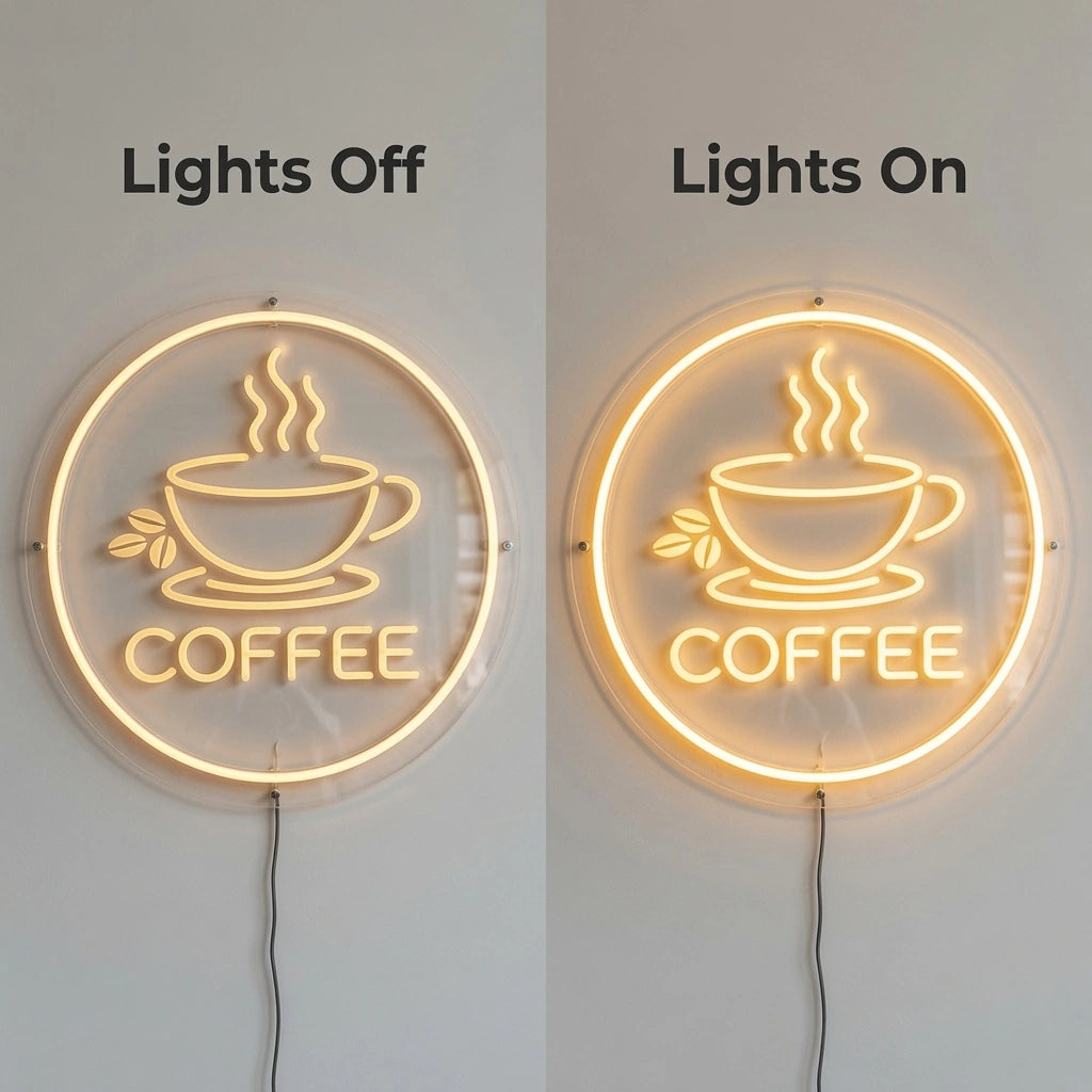 Coffee Business LED Neon Sign Wall Decor - 06 Day Night Comparison