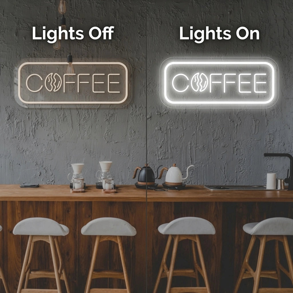 Coffee Cafe Interior Art LED Neon Sign - 06 Day Night Comparison