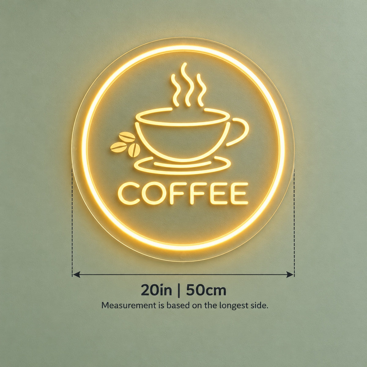 Coffee Circle Steaming Cup LED Neon Sign - size guide