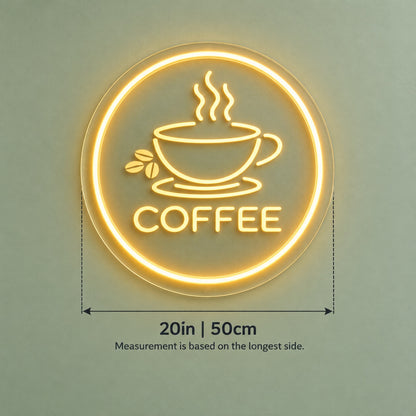 Coffee Circle Steaming Cup LED Neon Sign - size guide