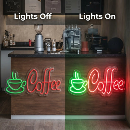 Coffee Coffee Bar Wall Art LED Neon Sign - 06 Day Night Comparison