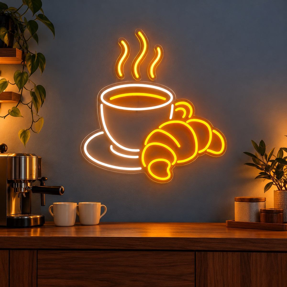 Coffee Cup And Croissant LED Neon Sign - advertising view
