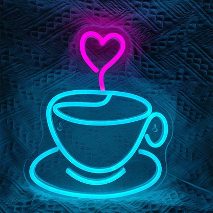 Coffee Cup Heart Teal Pink Led Neon Sign For Cafe Home Restaurant Decor | Shineneon