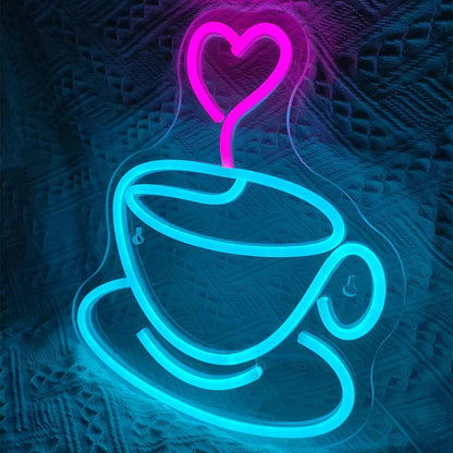 Coffee Cup Heart Teal Pink Led Neon Sign For Cafe Home Restaurant Decor | Shineneon