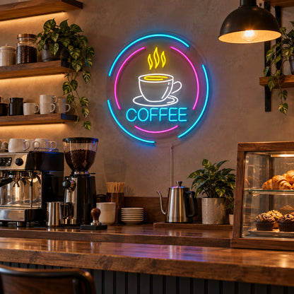 Coffee Cup Steam LED Neon Sign in a coffee shop