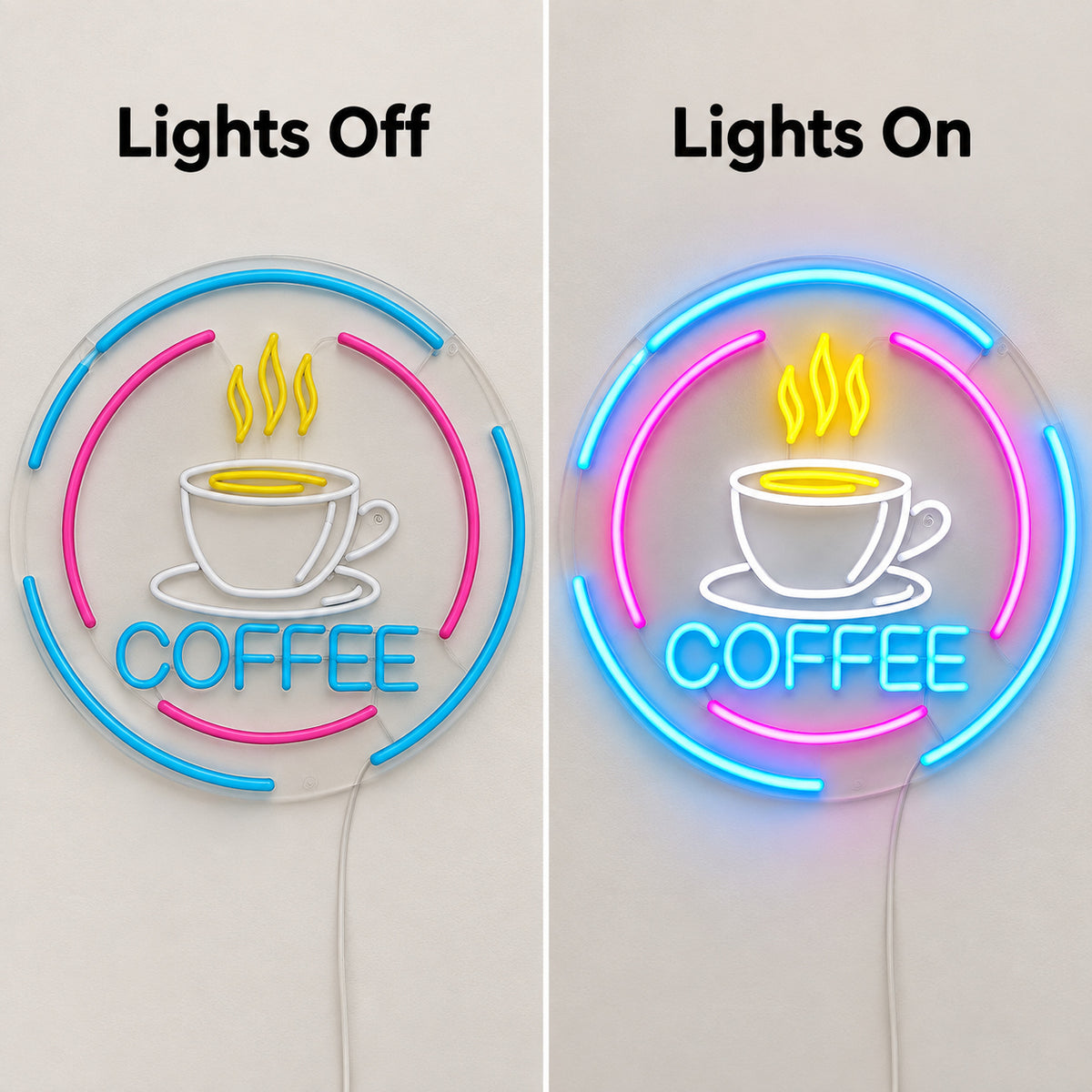Coffee Cup Steam LED Neon Sign lights off and on comparison