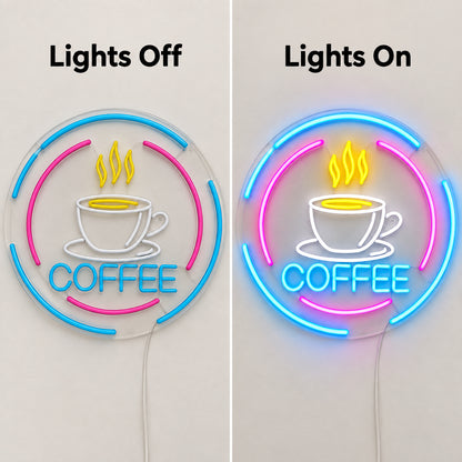 Coffee Cup Steam LED Neon Sign lights off and on comparison