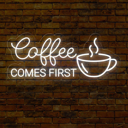 Coffee First White Led Neon Sign With Cup Design Cafe Wall Decor | Shineneon