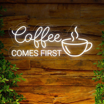 Coffee First White Led Neon Sign With Cup Design Cafe Wall Decor | Shineneon