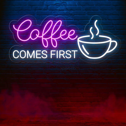 Coffee First White Led Neon Sign With Cup Design Cafe Wall Decor | Shineneon