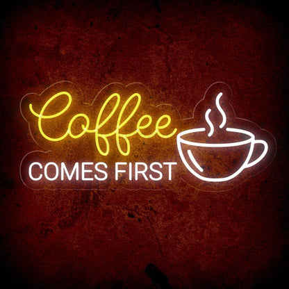 Coffee First White Led Neon Sign With Cup Design Cafe Wall Decor | Shineneon