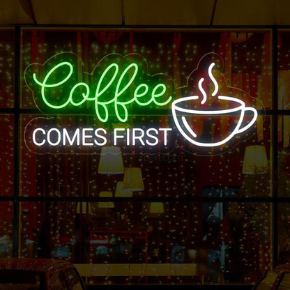 Coffee First White Led Neon Sign With Cup Design Cafe Wall Decor | Shineneon