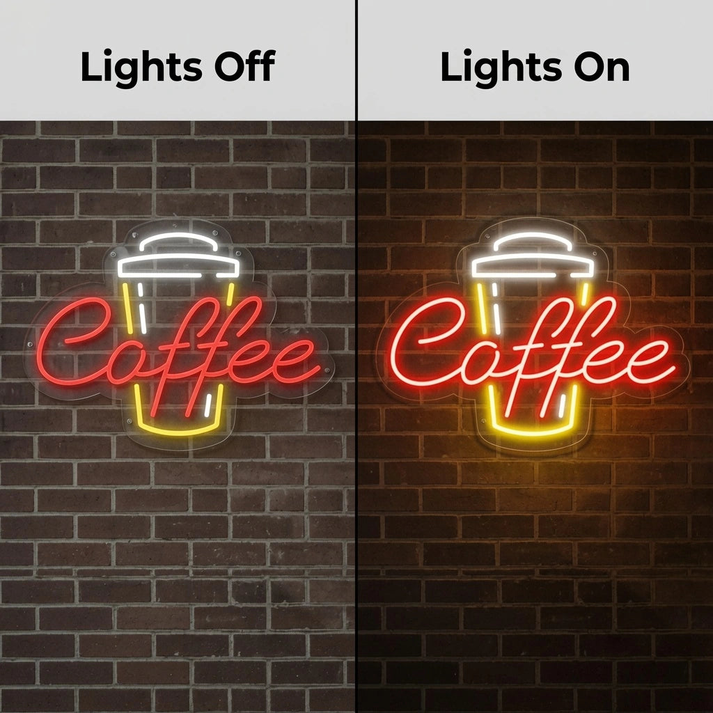 Coffee Hospitality Room Art LED Neon Sign - 06 Day Night Comparison