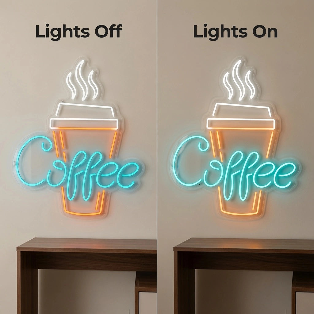 Coffee Hospitality Room Decor LED Neon Sign - 06 Day Night Comparison