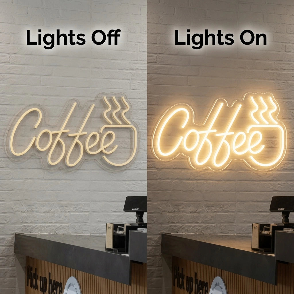 Coffee Hospitality Wall Decor LED Neon Sign - 06 Day Night Comparison