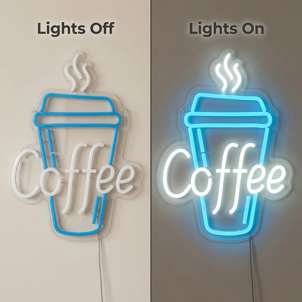 Coffee Interior Room Art LED Neon Sign - 06 Day Night Comparison
