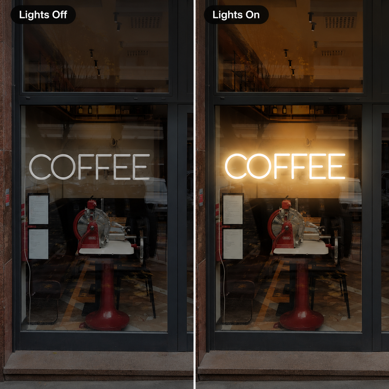 Coffee LED Neon Sign Home Decor - 06 Day Night Comparison
