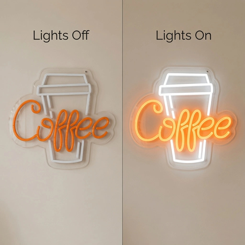 Coffee Retail Wall Decor LED Neon Sign - 06 Day Night Comparison