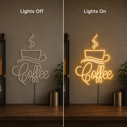 Coffee Script With Cup And Saucer LED Neon Sign day and night comparison